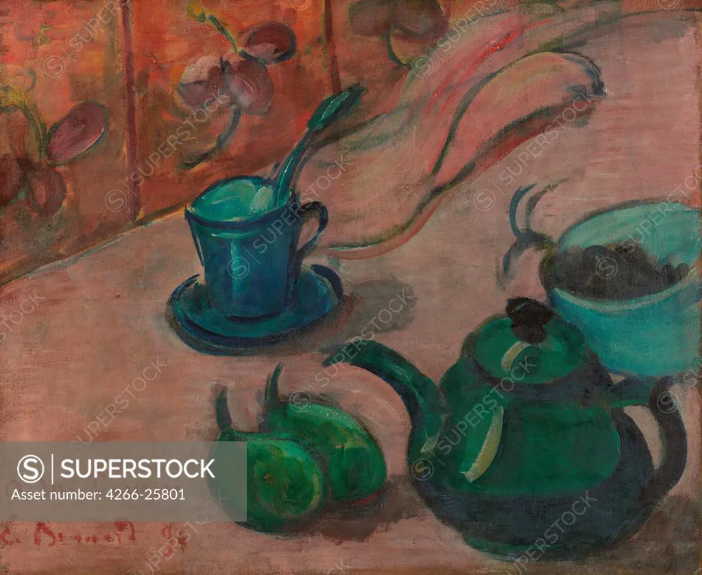 Still life with teapot, cup and fruit by Bernard, Emile (1868-1941) Van Gogh Museum, Amsterdam 1890 Oil on canvas France Postimpressionism Still Life Painting