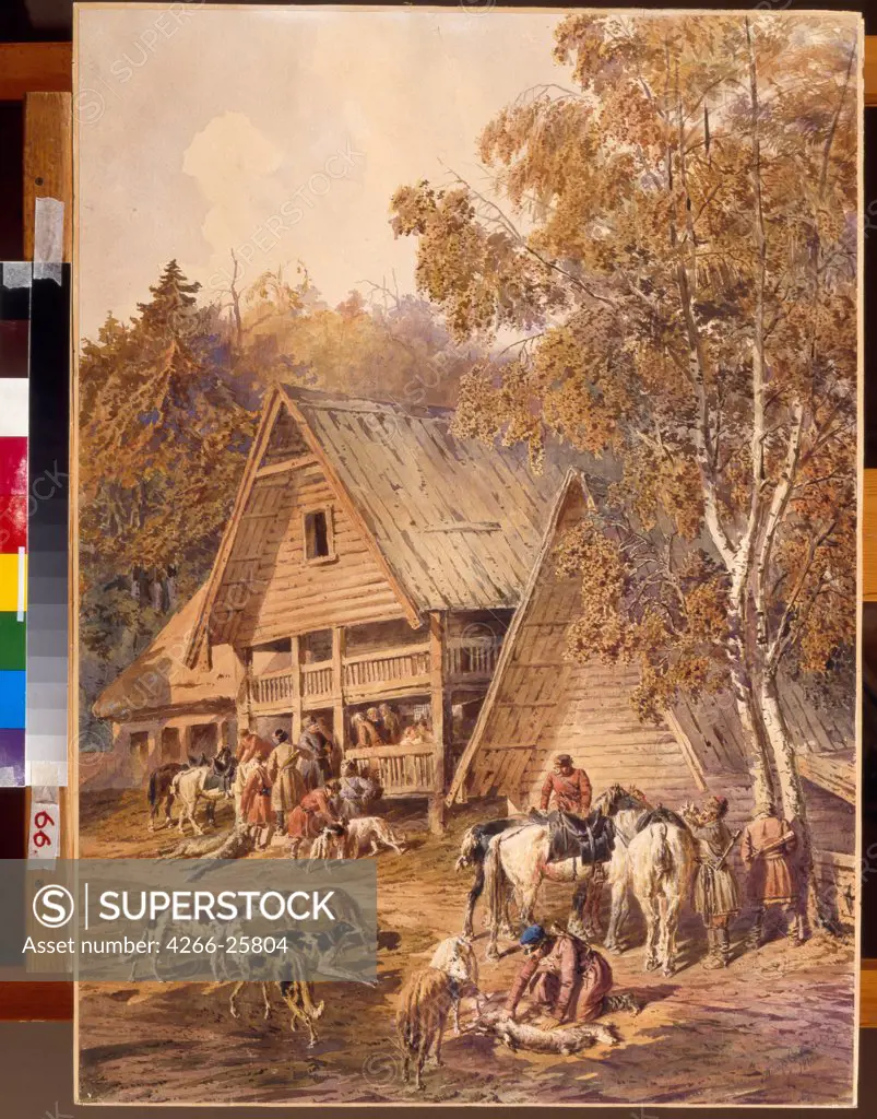 The Huntsmen by Sokolov, Pyotr Petrovich (1821-1899) State Art Museum of the Chuvash Republic, Tcheboksary 1863 Watercolour on paper 75x53,7 Russia Realism Genre Painting