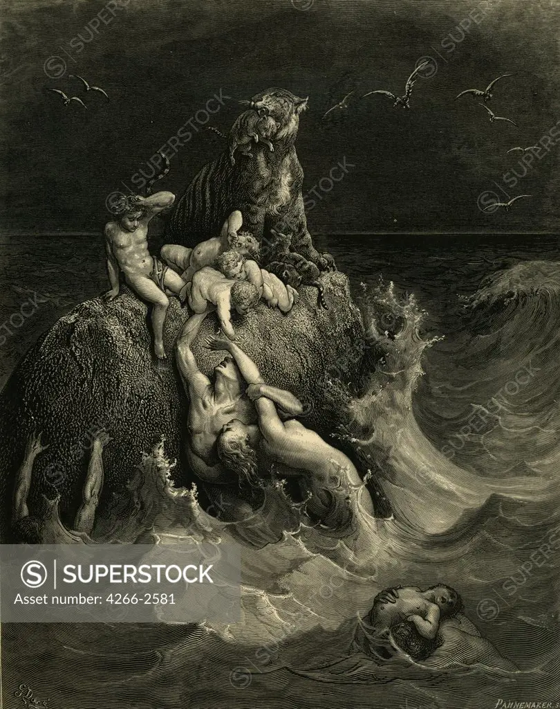 The Deluge by Gustave Dore, Woodcut, 1866, 1832-1883, Private Collection