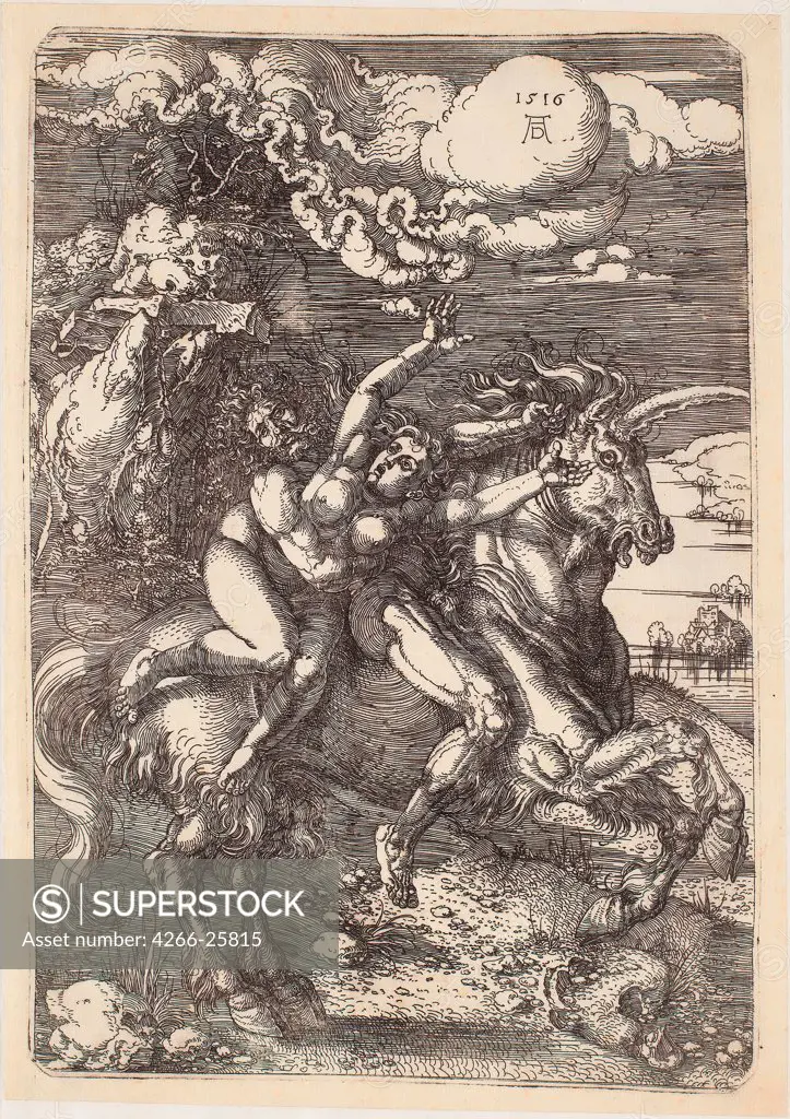 Abduction of Proserpine on a Unicorn by Durer, Albrecht (1471-1528) Statens Museum for Kunst, Copenhagen 1516 Etching 39,3x23 Germany Renaissance Mythology, Allegory and Literature Graphic arts