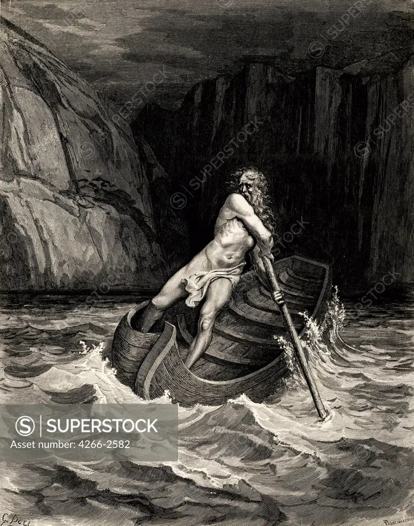 Charon by Gustave Dore, Woodcut, 1857, 1832-1883, Private Collection