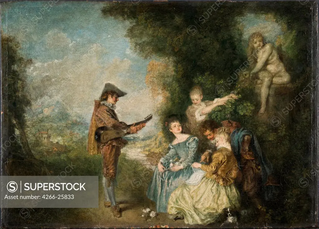 The Love Lesson by Watteau, Jean Antoine (1684-1721) Nationalmuseum Stockholm 1716-1717 Oil on wood 44x61 France Rococo Genre Painting