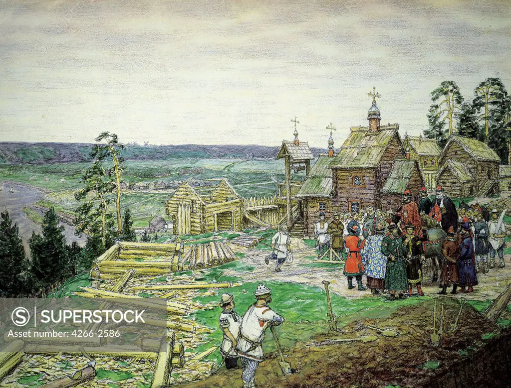 Building houses by Appolinari Mikhaylovich Vasnetsov, watercolour on paper, 1917, 1856-1933, Russia, Moscow, Museum of Moscow History and Reconstruction