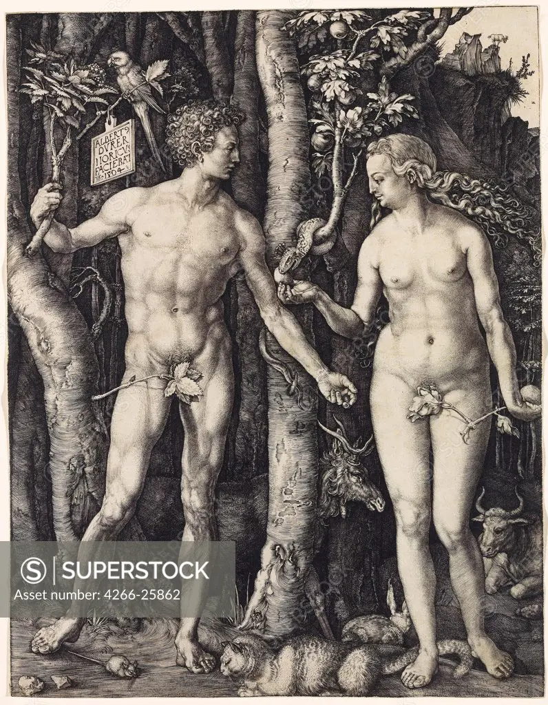 Adam and Eve by Durer, Albrecht (1471-1528) Rijksmuseum, Amsterdam 1504 Copper engraving 24,7x19,1 Germany Renaissance Bible Graphic arts
