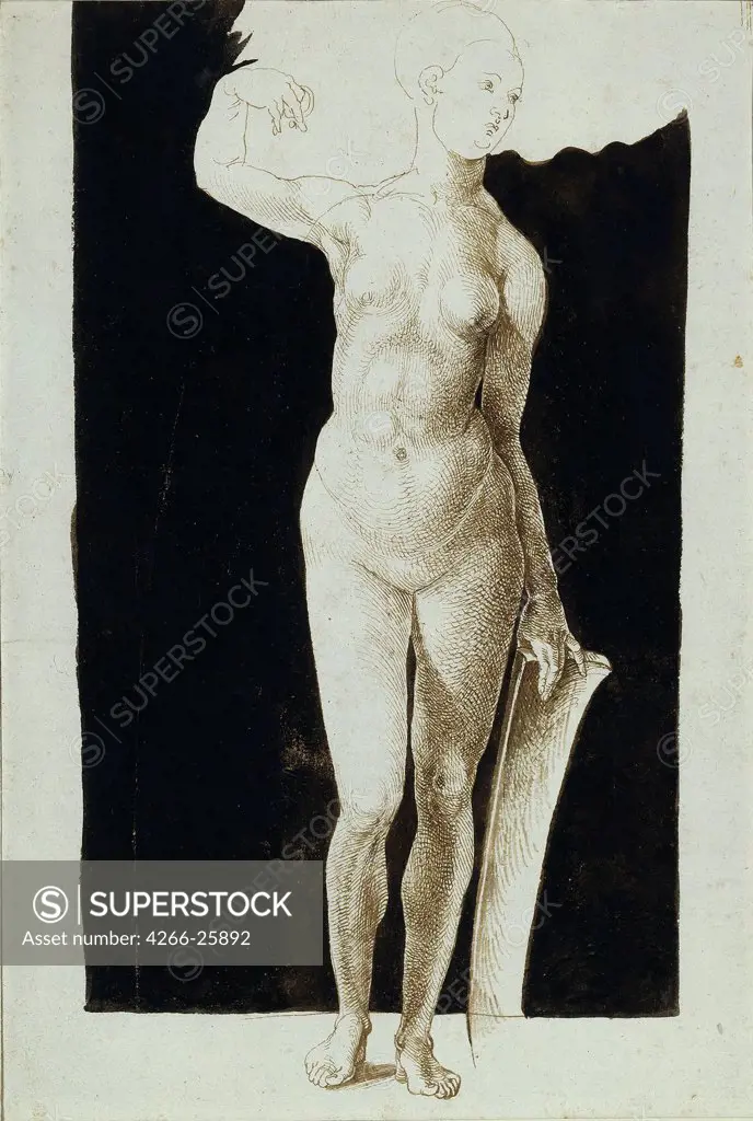 Proportion study of female nude with a shield by Durer, Albrecht (1471-1528) Staatliche Museen, Berlin 1500 Pen, brush, Indian ink on paper 30,3x20,6 Germany Renaissance Nude painting Graphic arts