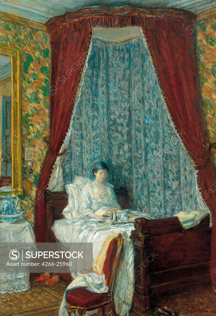 The French Breakfast by Hassam, Childe (1859-1935) Thyssen-Bornemisza Collections 1910 Oil on canvas 73x50,2 The United States Impressionism Architecture, Interior,Genre Painting