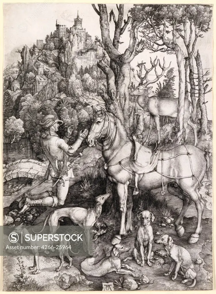The Vision of Saint Eustace by Durer, Albrecht (1471-1528) National Gallery of Victoria, Melbourne c. 1501 Copper engraving 35,5x26 Germany Renaissance Bible,Animals and Birds Graphic arts