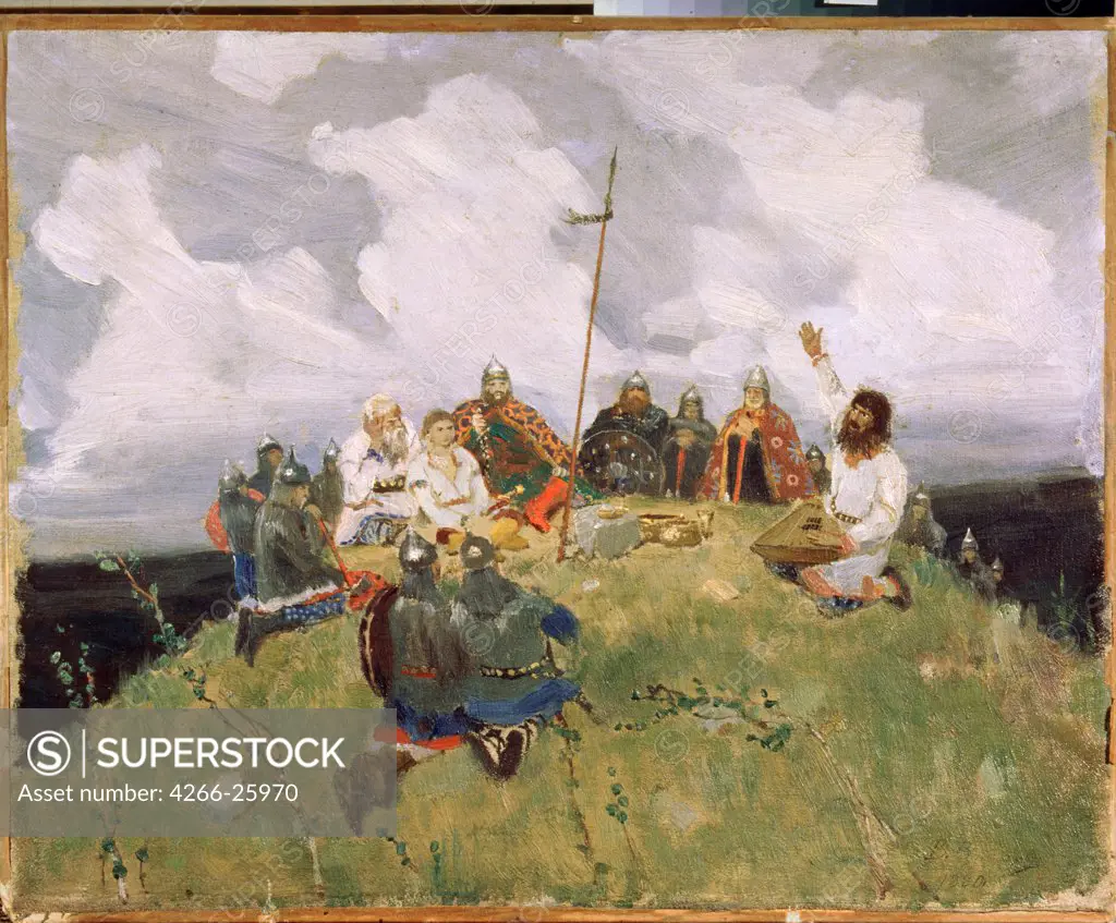 Boyan playing a gusli by Vasnetsov, Viktor Mikhaylovich (1848-1926) State Museum Abramtsevo Estate, near Moscow 1880 Oil on cardboard 33,5x42,2 Russia Russian Painting of 19th cen. Music, Dance,Genre,Mythology, Allegory and Literature Painting
