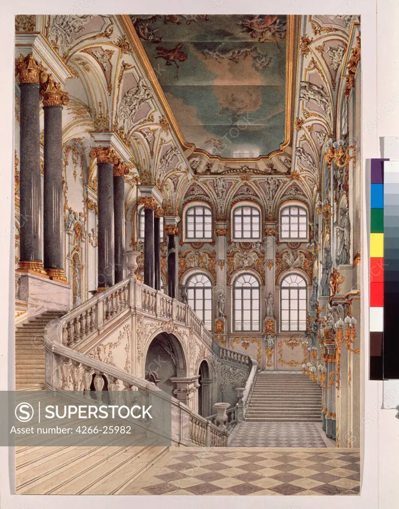 The Grand staircase of the Winter palace (Also known as Ambassador's staircase or Jordan staircase) by Ukhtomsky, Konstantin Andreyevich (1818-1881) State Hermitage, St. Petersburg 1860s Watercolour on paper 44,2x31,3 Russia Russian Painting of 19t