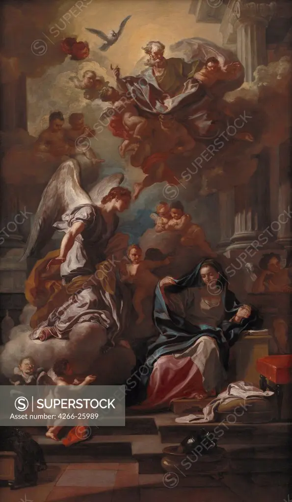The Annunciation by Solimena, Francesco (1657-1747) Statens Museum for Kunst, Copenhagen Oil on canvas 129x75,8 Italy, School of Neaple Baroque Bible Painting