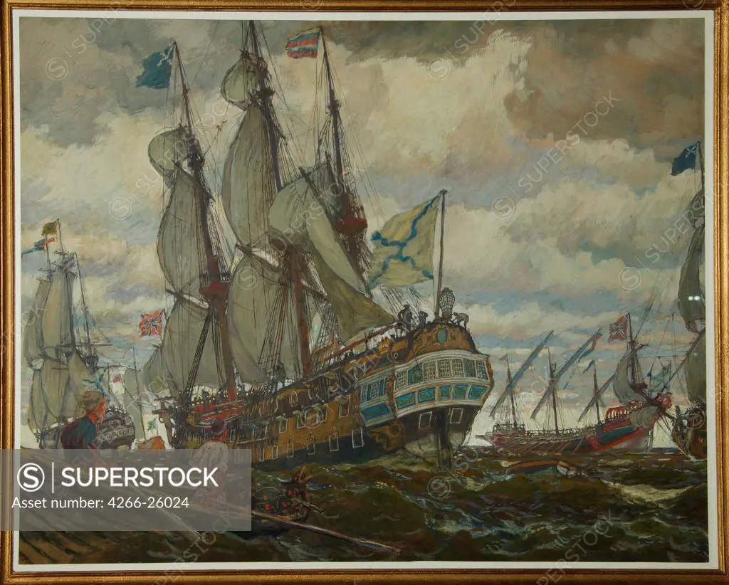 The fleet of Peter I by Lanceray (Lansere), Evgeny Evgenyevich (1875-1946)  MICEX Museum, Moscow  1909  Russia  Tempera on canvas  Painting  History