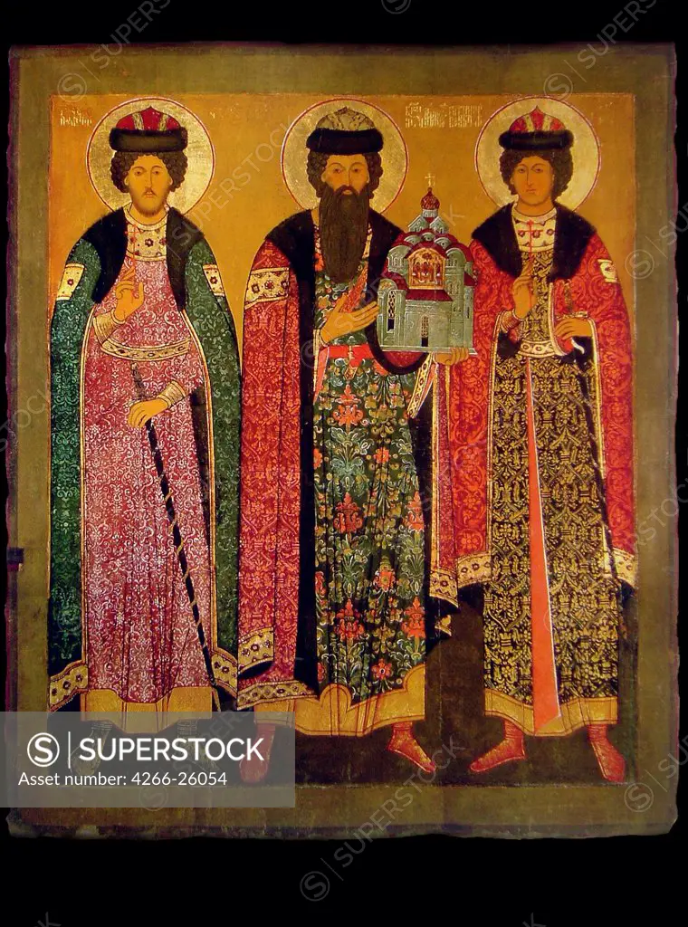 Saint Vsevolod Mstislavich, Prince of Pskov with Saints Boris and Gleb by Russian icon    State Open-air Museum of History, Architecture and Art, Pskov  Early 17th cen.  Russia, Pskov School  Tempera on panel  Painting  Bible