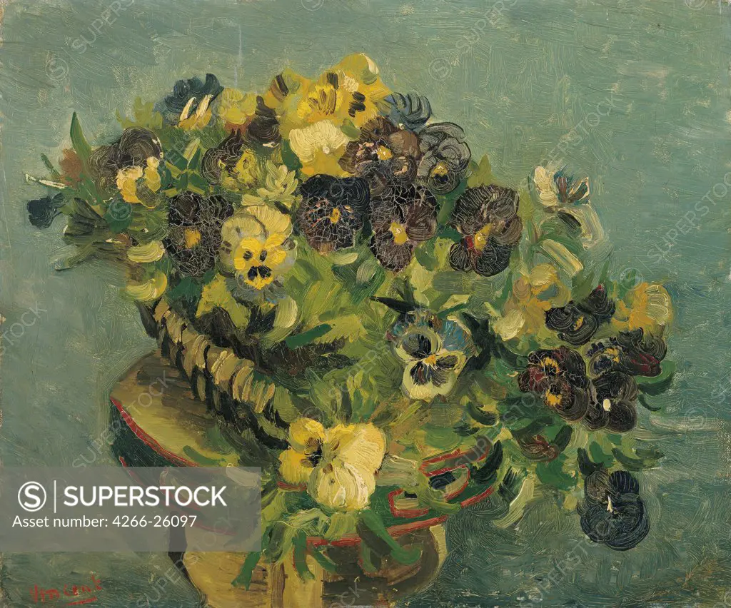 Basket of pansies on a small table by Gogh, Vincent, van (1853-1890)  Van Gogh Museum, Amsterdam  1887  Holland  Oil on canvas  Painting  Still Life