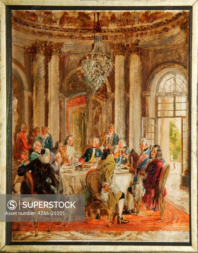 The Round Table of Frederick II at Sanssouci (sketch) by Menzel, Adolph Friedrich, von (1815-1905)  Staatliche Museen, Berlin  1848  Germany  Oil on paper  Painting  History