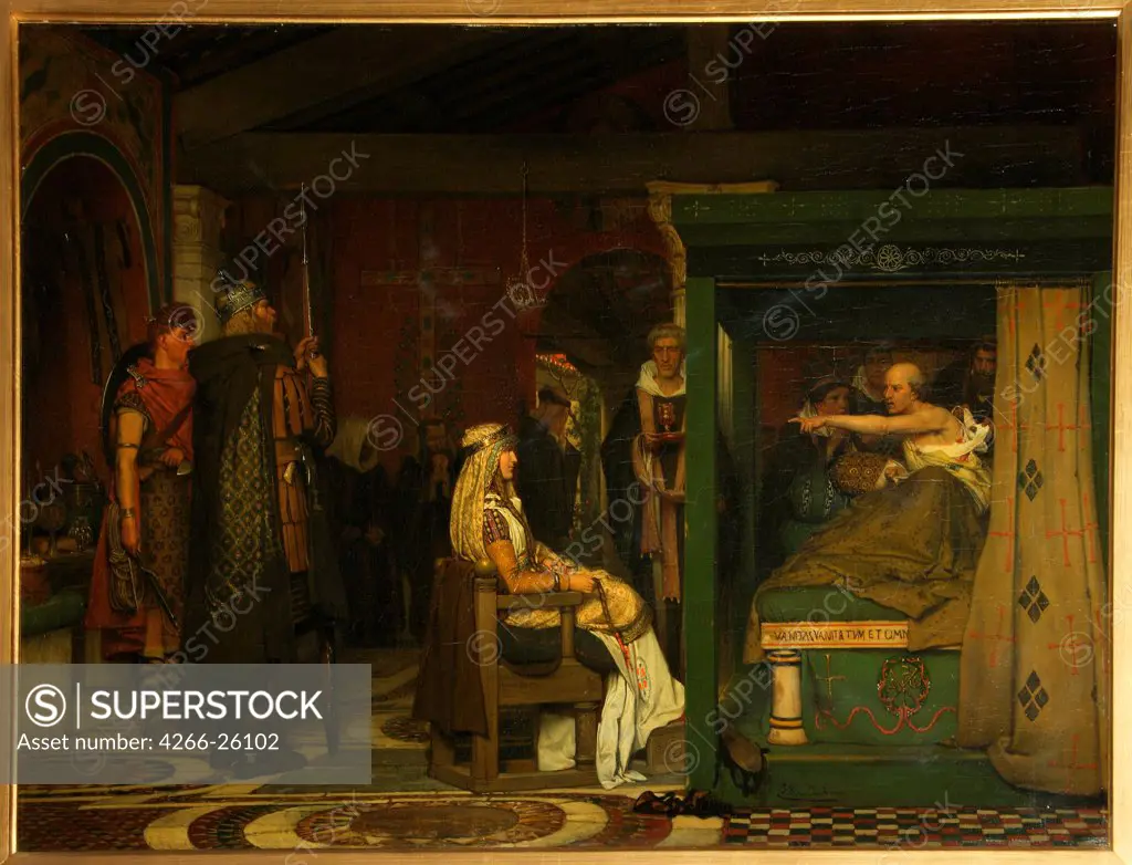 Fredegund visits Bishop Pratextatus on his deathbed by Alma-Tadema, Sir Lawrence (1836-1912)  State A. Pushkin Museum of Fine Arts, Moscow  1864  Great Britain  Oil on wood  Painting  Mythology, Allegory and Literature,History