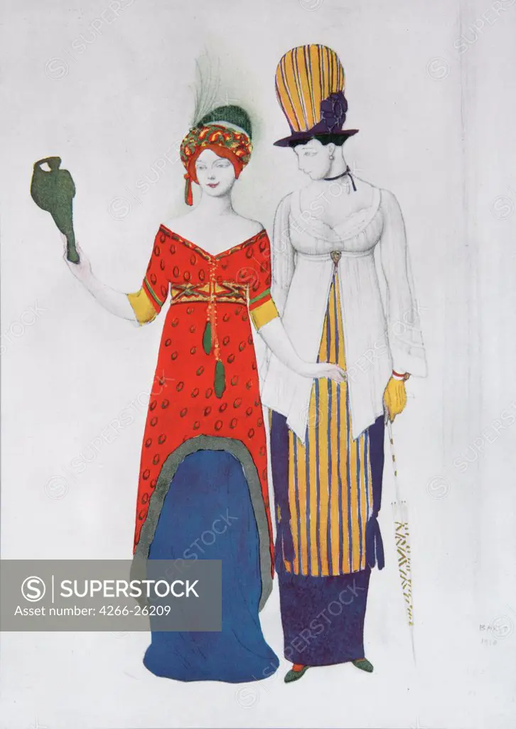 Fantasy on the Theme Modern Dress by Bakst, Leon (1866-1924)  Private Collection  1910  Russia  Colour lithograph  Graphic arts  Opera, Ballet, Theatre