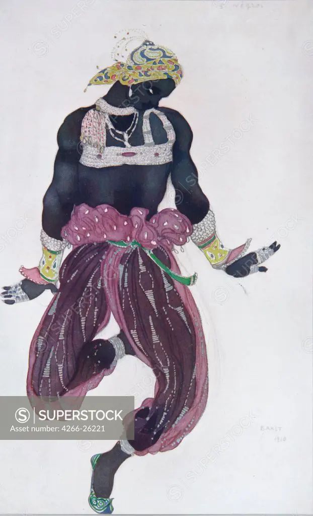 Costume design for the ballet Sheherazade by N. Rimsky-Korsakov by Bakst, Leon (1866-1924)  Private Collection  1910  Russia  Colour lithograph  Graphic arts  Opera, Ballet, Theatre