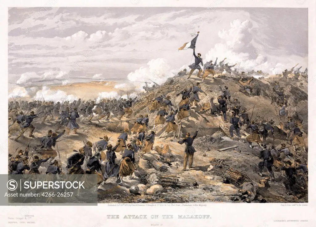 Attack on the Malakoff redoubt on 7 September 1855 by Simpson, William (1832-1898)  State Museum of the Defence of Sevastopol 1854-1855, Sevastopol  1855  Great Britain  Colour lithograph  Graphic arts  History