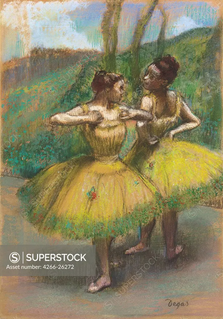 Danseuses jupes jaunes (Deux danseuses en jaune) by Degas, Edgar (1834-1917)  Private Collection  France  Pastel on paper  Painting  Music, Dance,Opera, Ballet, Theatre,Genre