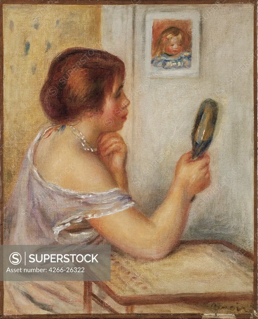 Marie Dupuis tenant un miroir avec un portrait de Coco by Renoir, Pierre Auguste (1841-1919)  Private Collection  France  Oil on canvas  Painting  Portrait,Genre