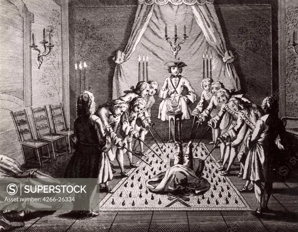 The French Freemasons initiation ceremony by Anonymous    Private Collection  18th century  France  Lithograph  Graphic arts  Genre,History
