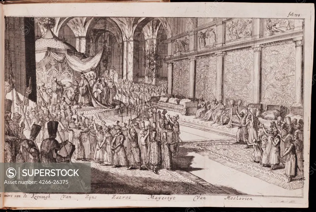 A scene at the royal court of Tsar Alexis Mikhailovich by Hooghe, Romeyn de (1645-1708)  Private Collection  1677  Holland  Etching  Graphic arts  History