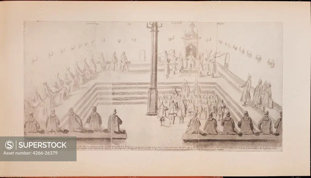 A scene at the royal court of Tsar Alexis Mikhailovich (Illustration from the Meierberg's Album) by Meierberg, Augustin, von (1612Ð1688)  Private Collection  1662  Germany  Copper engraving  Graphic arts  History