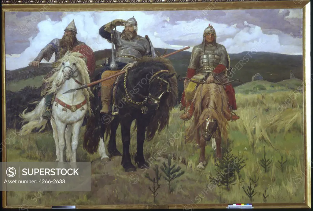 Knights on horses by Viktor Mikhaylovich Vasnetsov, oil on canvas, 1898, 1848-1926, Russia, Moscow, State Tretyakov Gallery, 295, 3x446