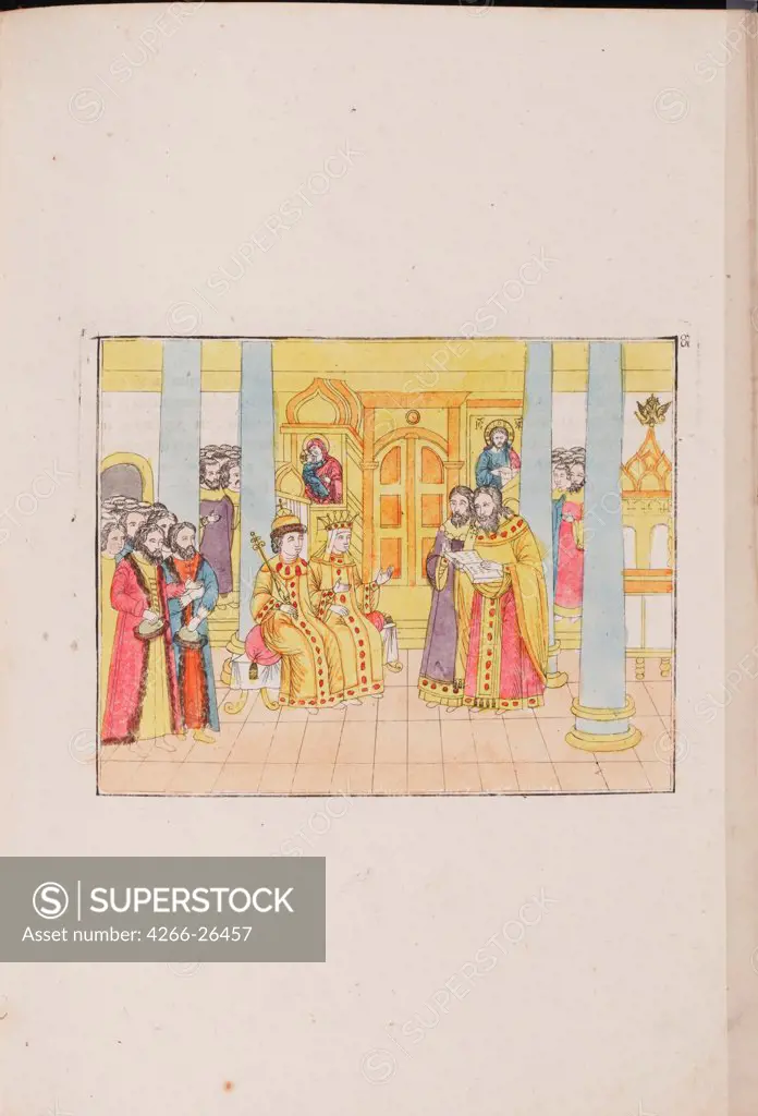 The wedding ceremony of Tsar Mikhail Feodorovich and Yevdokiya Lukyanovna by Anonymous master    Private Collection  1810  Russia  Copper engraving, watercolour  Graphic arts  History