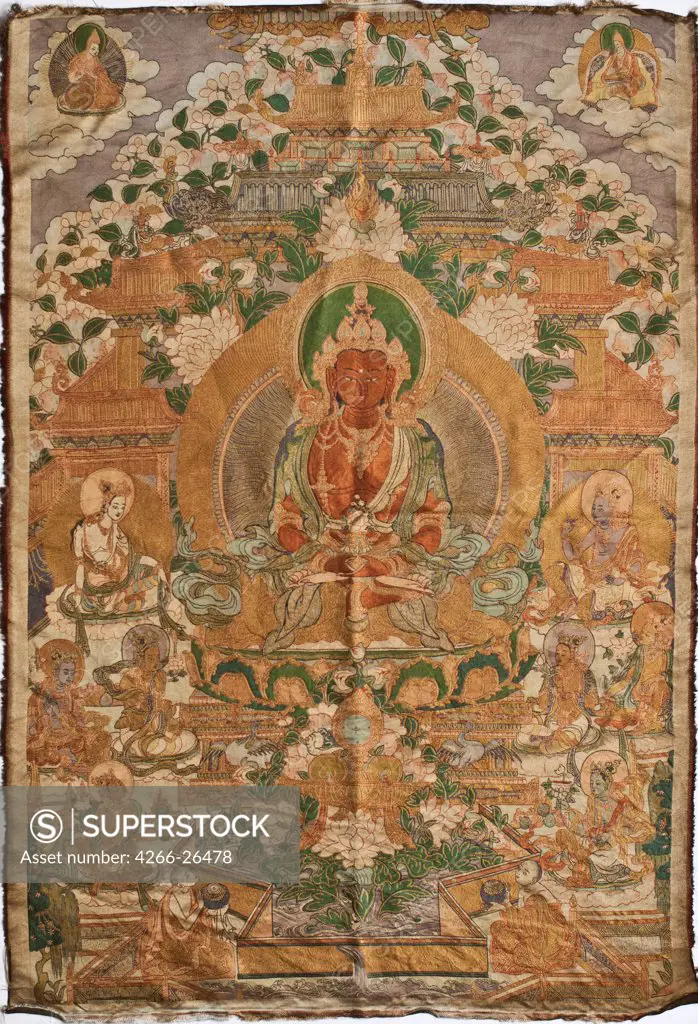 Amitayus Buddha Thangka by Tibetan culture    Private Collection  End of 19th cen.  Tibet  Pigments and gold on textile  Painting  Mythology, Allegory and Literature