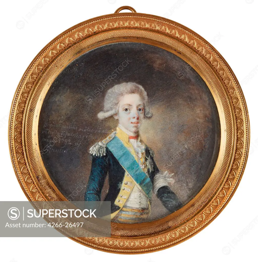 Portrait of Gustav IV Adolf of Sweden by Lafrensen, Niclas (1737-1807)  Private Collection  1792  Sweden  Watercolour, Gouache on horn  Painting  Portrait