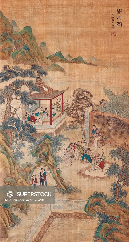 Studying scholars in a garden (Hanging scroll) by Chinese Master    Private Collection  China, Qing Dynasty  Ink and color on cloth  Painting  Genre