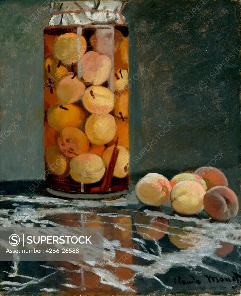 Jar of Peaches by Monet, Claude (1840-1926)  Dresden State Art Collections  ca 1866  France  Oil on canvas  Painting  Still Life