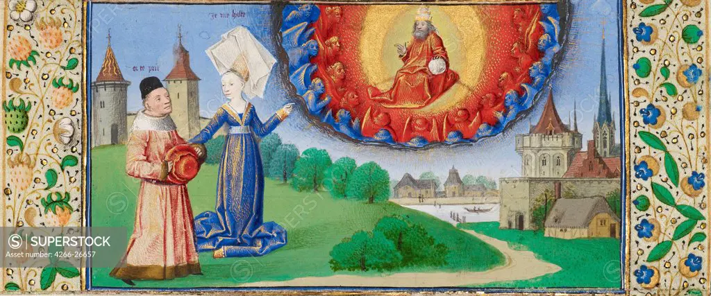 Philosophy Instructing Boethius on the Role of God by Coetivy Master (active c. 1450-1485)  J. Paul Getty Museum, Los Angeles  ca 1465  France  Tempera and gold on parchment  Book Art  Mythology, Allegory and Literature,History