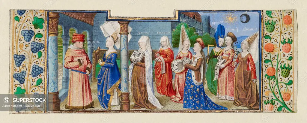 Philosophy Presenting the Seven Liberal Arts to Boethius by Coetivy Master (active c. 1450-1485)  J. Paul Getty Museum, Los Angeles  ca 1465  France  Tempera and gold on parchment  Book Art  Mythology, Allegory and Literature,History