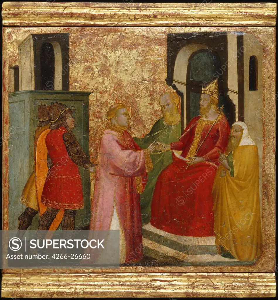 Saint Lawrence Arraigned Before the Emperor Valerian. Scenes from the Life of Saint Lawrence, predella by Lorenzo di Niccolo (active 1391-1414)  Brooklyn Museum, New York  ca 1412  Italy, Florentine School  Tempera on panel  Painting  Bible