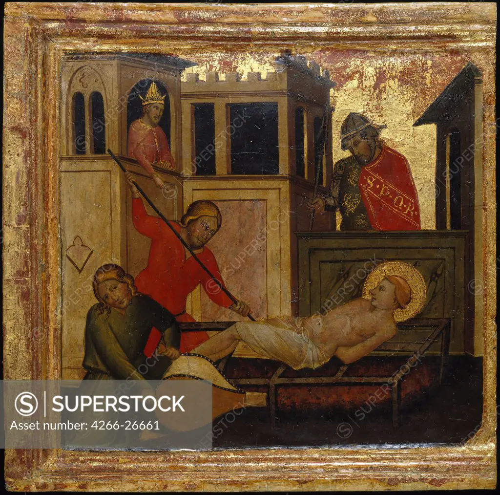 The Martyrdom of Saint Lawrence. Scenes from the Life of Saint Lawrence, predella by Lorenzo di Niccolo (active 1391-1414)  Brooklyn Museum, New York  ca 1412  Italy, Florentine School  Tempera on panel  Painting  Bible