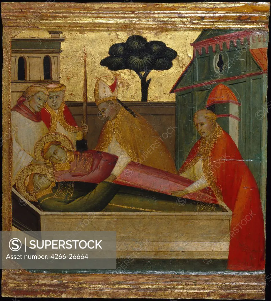 Saint Lawrence Buried in Saint Stephens Tomb. Scenes from the Life of Saint Lawrence, predella by Lorenzo di Niccolo (active 1391-1414)  Brooklyn Museum, New York  ca 1412  Italy, Florentine School  Tempera on panel  Painting  Bible
