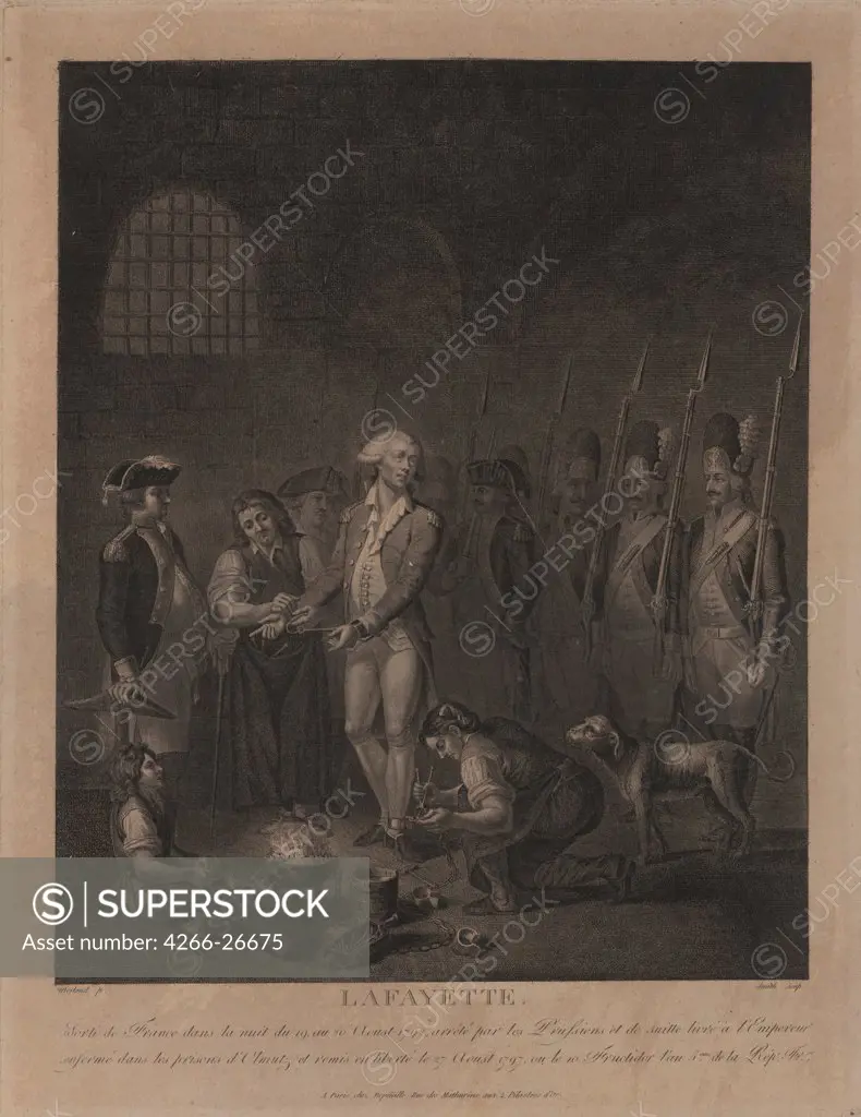 Lafayette in Prison at Olmutz by Morland, George (1736-1804)  Private Collection  Great Britain  Etching  Graphic arts  Genre,History