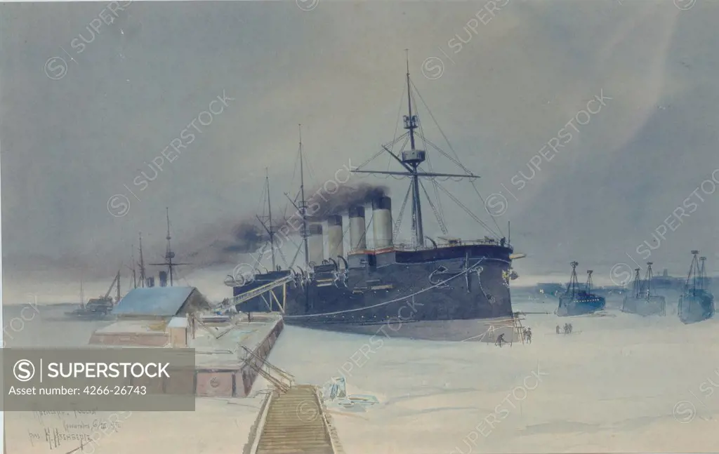 Armored cruiser Rossia by Isenberg, Konstantin Vasilyevich (1859-1911)  State Central Navy Museum, St. Petersburg  1897  Russia  Watercolour on cardboard  Painting  History