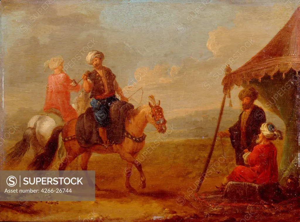 Turkish Horseman by Querfurt, August (1696-1761)  State A. Pushkin Museum of Fine Arts, Moscow  Austria  Oil on wood  Painting  Genre