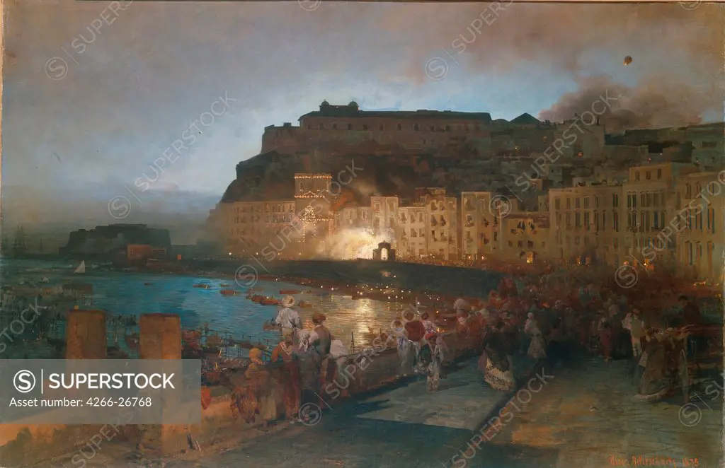 Fireworks in Naples by Achenbach, Oswald (1827-1905)  State Hermitage, St. Petersburg  1875  Germany, Dusseldorf School  Oil on canvas  Painting  Landscape