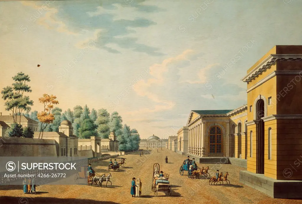 The barracks of the Chevalier Guards as seen from the Tauride Garden by Paterssen, Benjamin (1748-1815)  State Museum of A.S. Pushkin, Moscow  1800s  Sweden  Watercolour and tempera on paper  Painting  Landscape