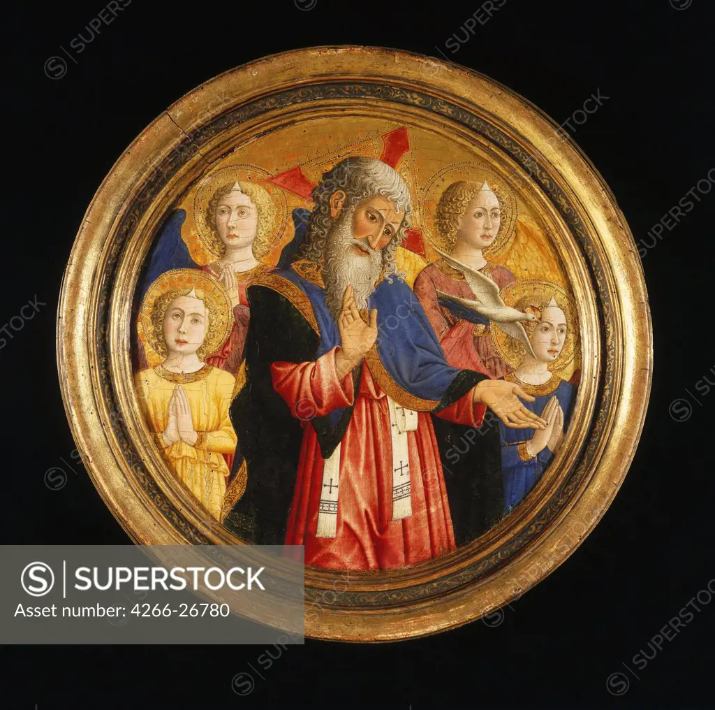 God the Father with Four Angels and the Dove of the Holy Spirit by Giovanni Francesco da Rimini (1420-1469)  Brooklyn Museum, New York  ca 1460  Italy, Bolognese School  Tempera on panel  Painting  Bible