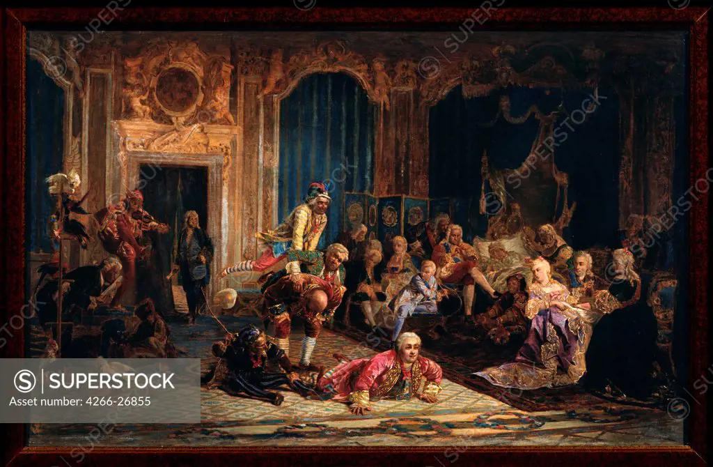 Jesters at the Court of Empress Anna Ioannovna by Jacobi, Valery Ivanovich (1834-1902)  State S. Ersya Mordovian Art Museum, Saransk  1872  Russia  Oil on canvas  Painting  Genre