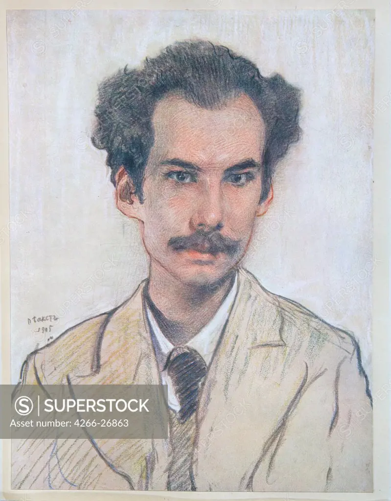 Portrait of the Poet Andrei Bely (1880-1934) by Bakst, Leon (1866-1924)  A. Pushkin Memorial Museum, St. Petersburg  1906  Russia  Colour lithograph  Graphic arts  Portrait