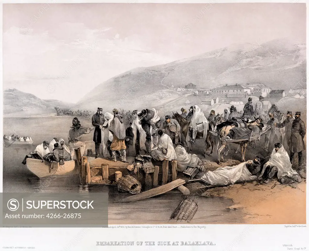 The Embarkation of the sick at Balaklava by Simpson, William (1832-1898)  State Museum of the Defence of Sevastopol 1854-1855, Sevastopol  1855  England  Lithograph, watercolour  Graphic arts  History