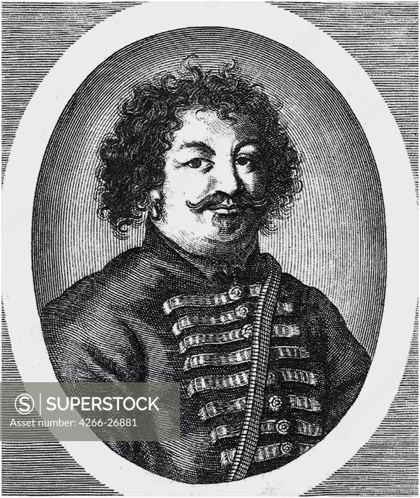 Portrait of the leader of a Cossacks insurrection Stepan (Stenka) Razin (1630-1671) by Anonymous    A. Pushkin Memorial Museum, St. Petersburg  Copper engraving  Graphic arts  Portrait