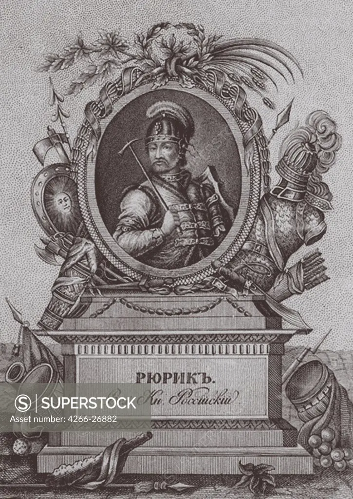 Portrait of Rurik, a Varangian chieftain and founder of Kievan Rus (ca. 830-ca. 879) by Osipov, Alexei Agapievich (1770-1850)  A. Pushkin Memorial Museum, St. Petersburg  Russia  Copper engraving  Graphic arts  Portrait