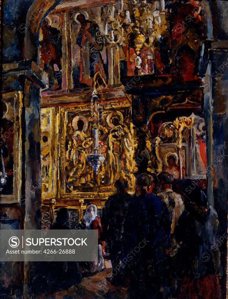 Church service in the Saint Sophia Cathedral by Konchalovsky, Pyotr Petrovich (1876-1956)  Private Collection  1928  Russia  Oil on canvas  Painting  Architecture, Interior,Genre